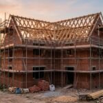 Rohbau eines Einfamilienhauses mit Baugerüst im Abendlicht