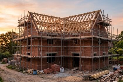 Rohbau eines Einfamilienhauses mit Baugerüst im Abendlicht