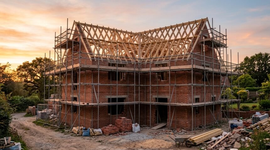 Rohbau eines Einfamilienhauses mit Baugerüst im Abendlicht