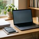 Schreibtisch mit Taschenrechner, Unterlagen und Laptop
