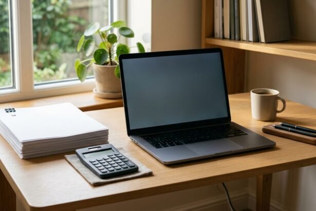 Schreibtisch mit Taschenrechner, Unterlagen und Laptop