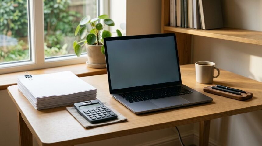 Schreibtisch mit Taschenrechner, Unterlagen und Laptop