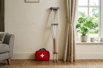 Verbandskasten und Gehstützen an einem hellen Fenster