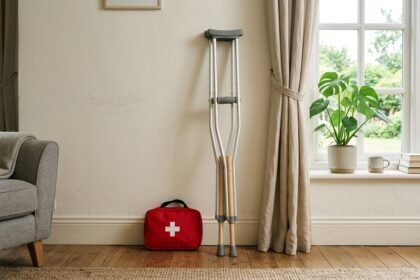 Verbandskasten und Gehstützen an einem hellen Fenster
