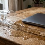 Umgekipptes Wasserglas auf einem Holztisch neben einem Laptop