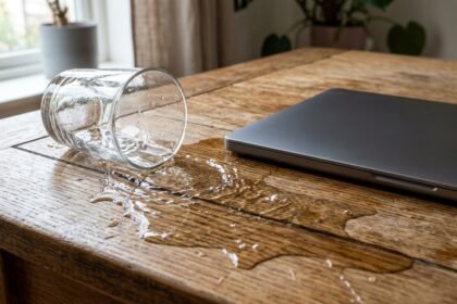 Umgekipptes Wasserglas auf einem Holztisch neben einem Laptop