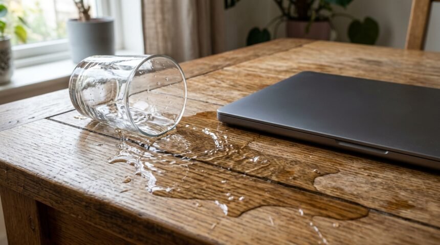 Umgekipptes Wasserglas auf einem Holztisch neben einem Laptop