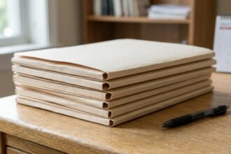 Stapel Aktenmappen und ein Kugelschreiber auf einem Schreibtisch