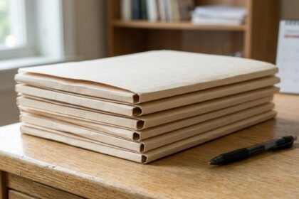 Stapel Aktenmappen und ein Kugelschreiber auf einem Schreibtisch