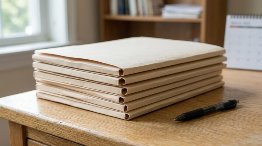Stapel Aktenmappen und ein Kugelschreiber auf einem Schreibtisch