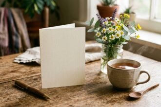 Gute Besserung Sprüche für Freunde: Genesungskarte mit Blumen und Tee auf einem Tisch