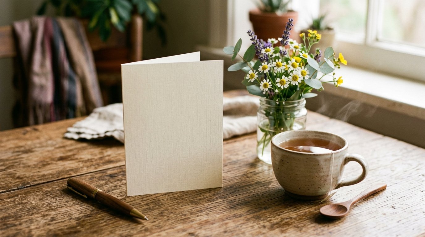 Gute Besserung Sprüche für Freunde: Genesungskarte mit Blumen und Tee auf einem Tisch
