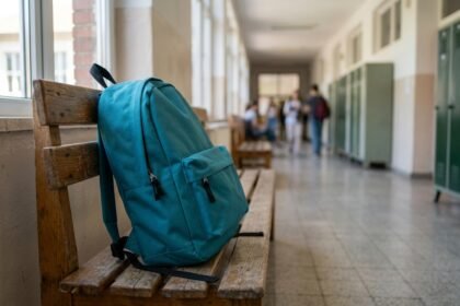 Schulrucksack für Mädchen lehnt an einer Bank im Schulflur