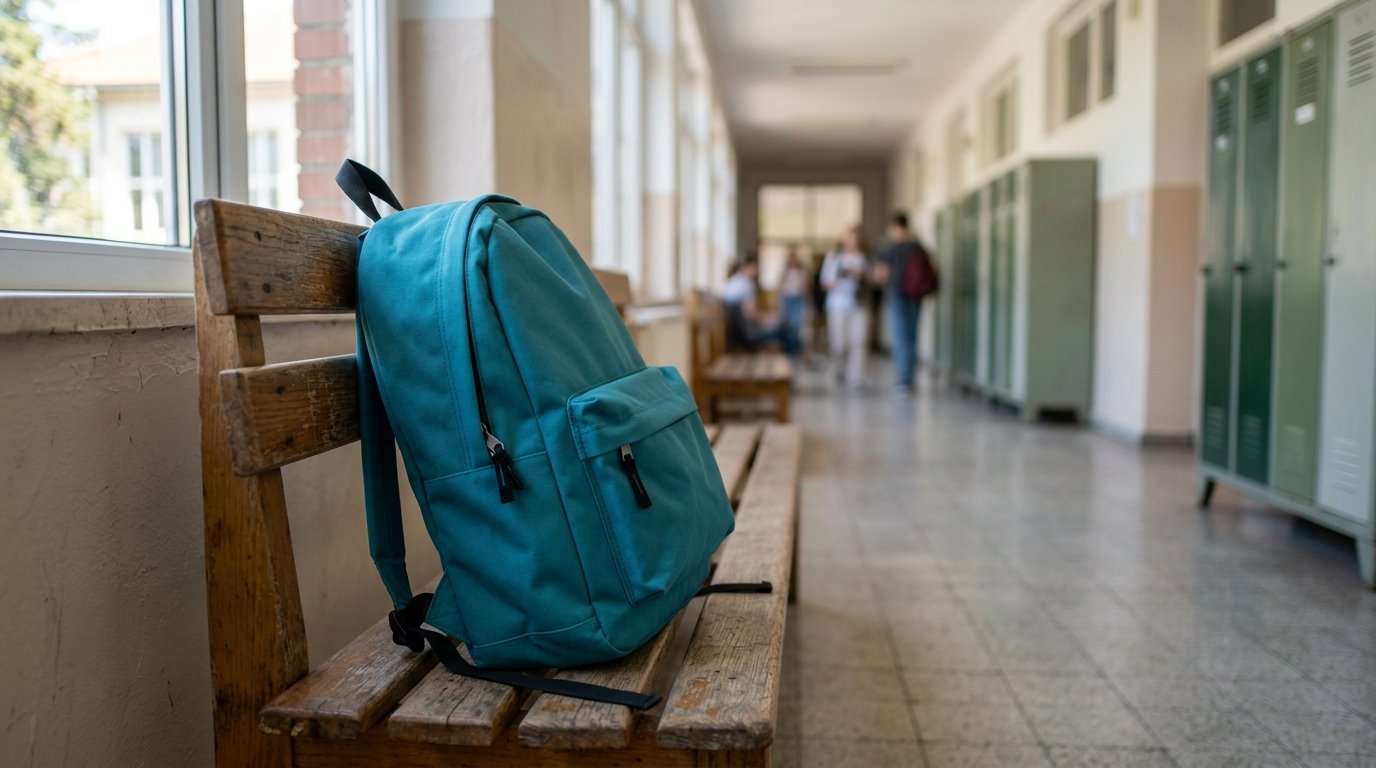 Schulrucksack für Mädchen lehnt an einer Bank im Schulflur