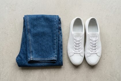 Locker geschnittene Jeans und Sneaker vor hellem Hintergrund