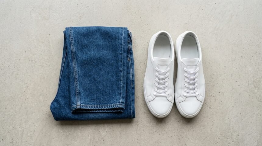 Locker geschnittene Jeans und Sneaker vor hellem Hintergrund
