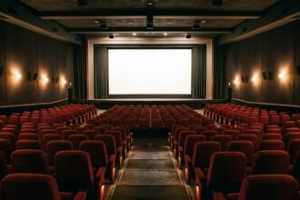 Leerer Kinosaal mit Sitzreihen und Leinwand
