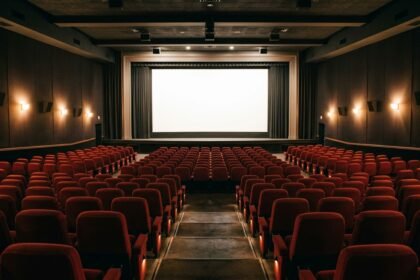 Leerer Kinosaal mit Sitzreihen und Leinwand
