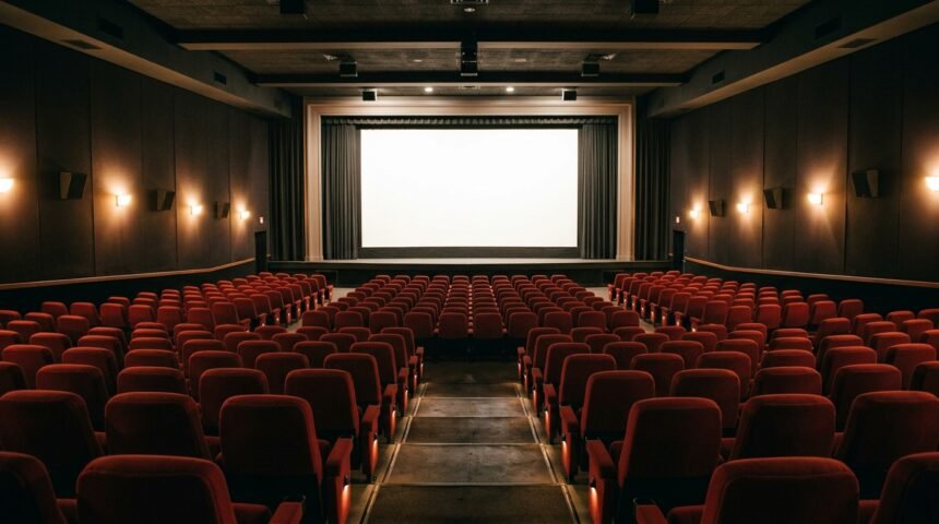 Leerer Kinosaal mit Sitzreihen und Leinwand