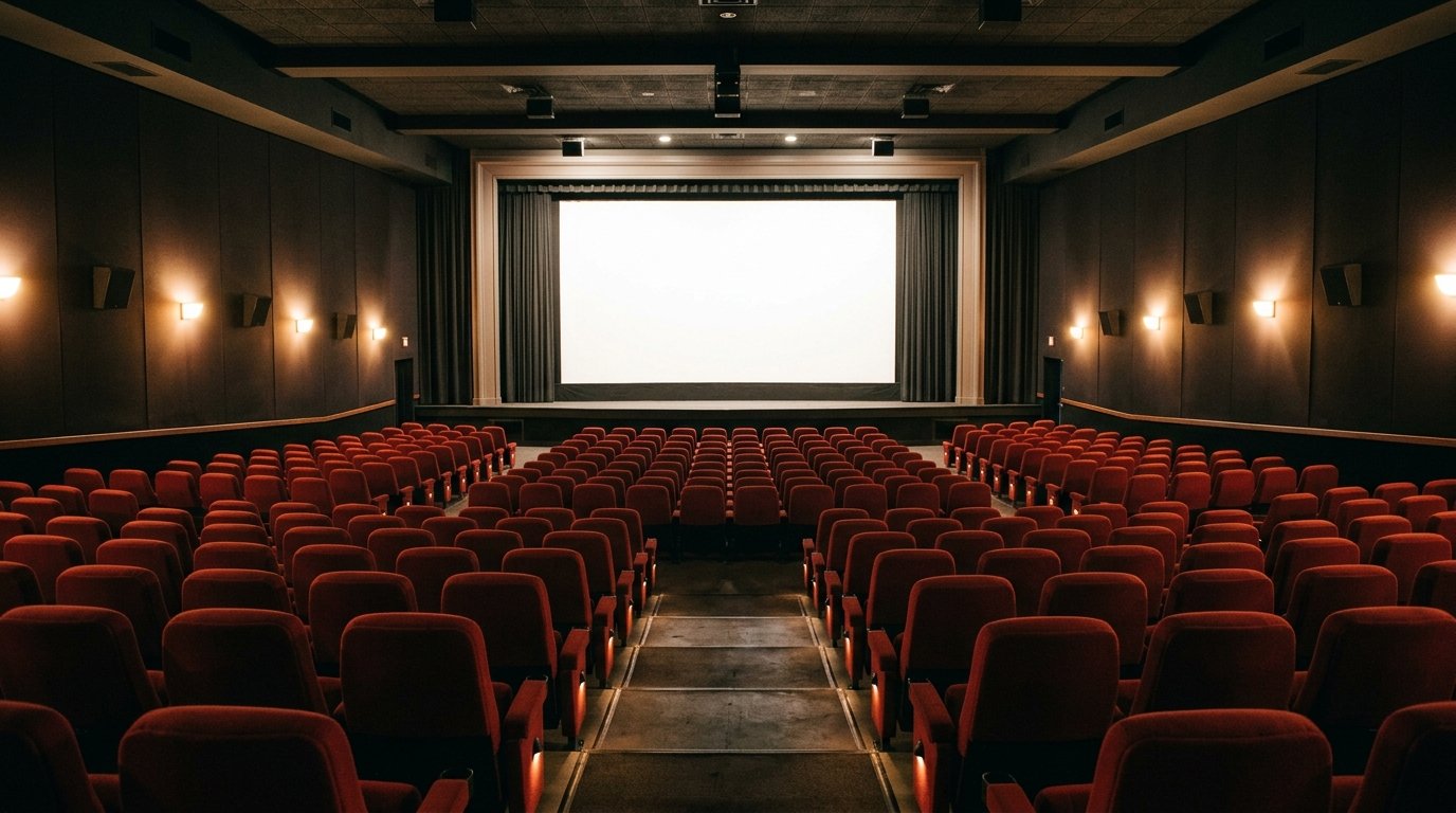 Leerer Kinosaal mit Sitzreihen und Leinwand
