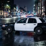 Streifenwagen bei Nacht auf einer Straße in Los Angeles