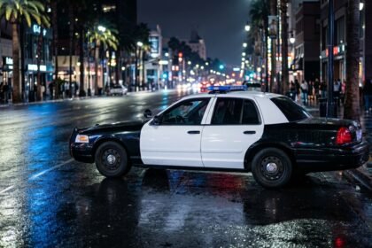 Streifenwagen bei Nacht auf einer Straße in Los Angeles