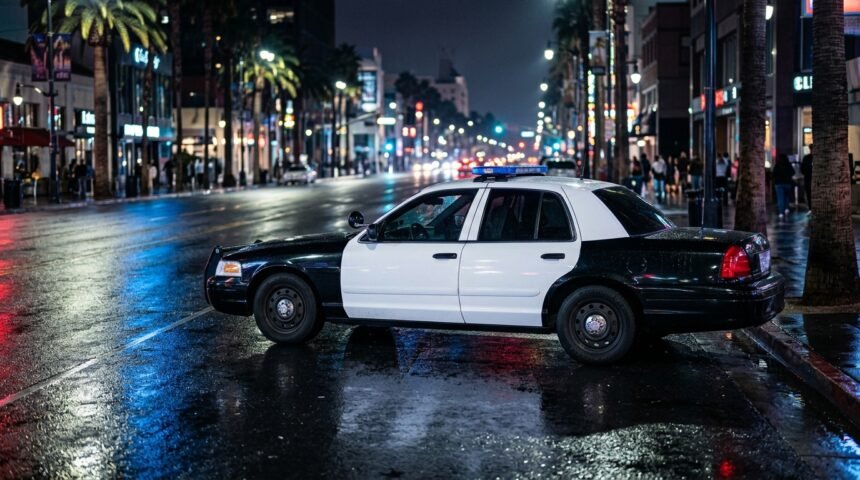 Streifenwagen bei Nacht auf einer Straße in Los Angeles
