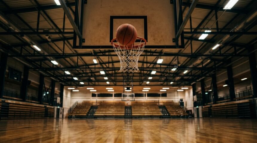 Basketball fliegt auf den Korb in einer Halle