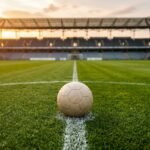 Fußball auf der Mittellinie in einem leeren Stadion