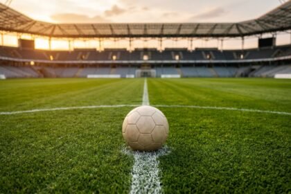 Fußball auf der Mittellinie in einem leeren Stadion