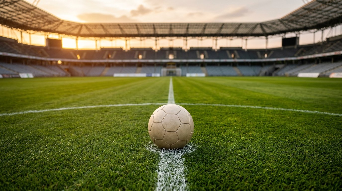 Fußball auf der Mittellinie in einem leeren Stadion