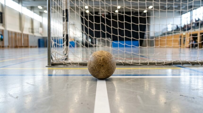 Handball liegt auf dem Hallenboden vor dem Tor