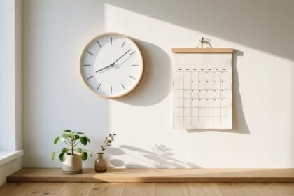 Wandkalender und eine Uhr an einer hellen Wand
