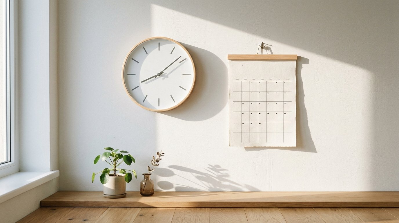 Wandkalender und eine Uhr an einer hellen Wand