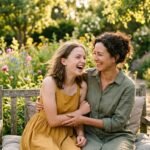 Stolz auf meine Tochter Sprüche: Mutter und Tochter lachen gemeinsam im Garten