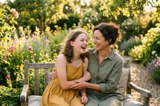 Stolz auf meine Tochter Sprüche: Mutter und Tochter lachen gemeinsam im Garten