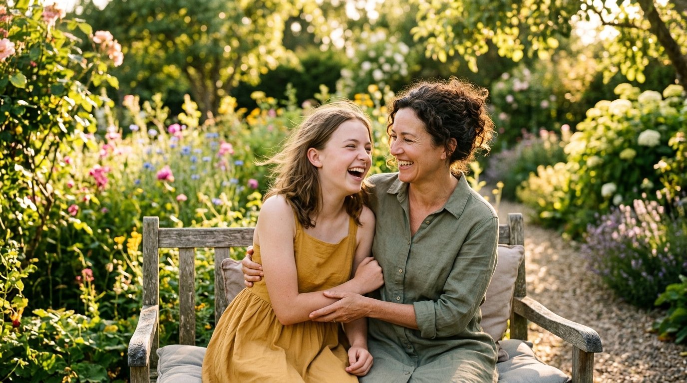Stolz auf meine Tochter Sprüche: Mutter und Tochter lachen gemeinsam im Garten
