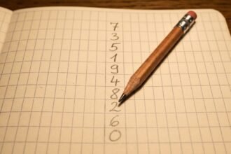 Zahlen und ein Stift auf kariertem Papier