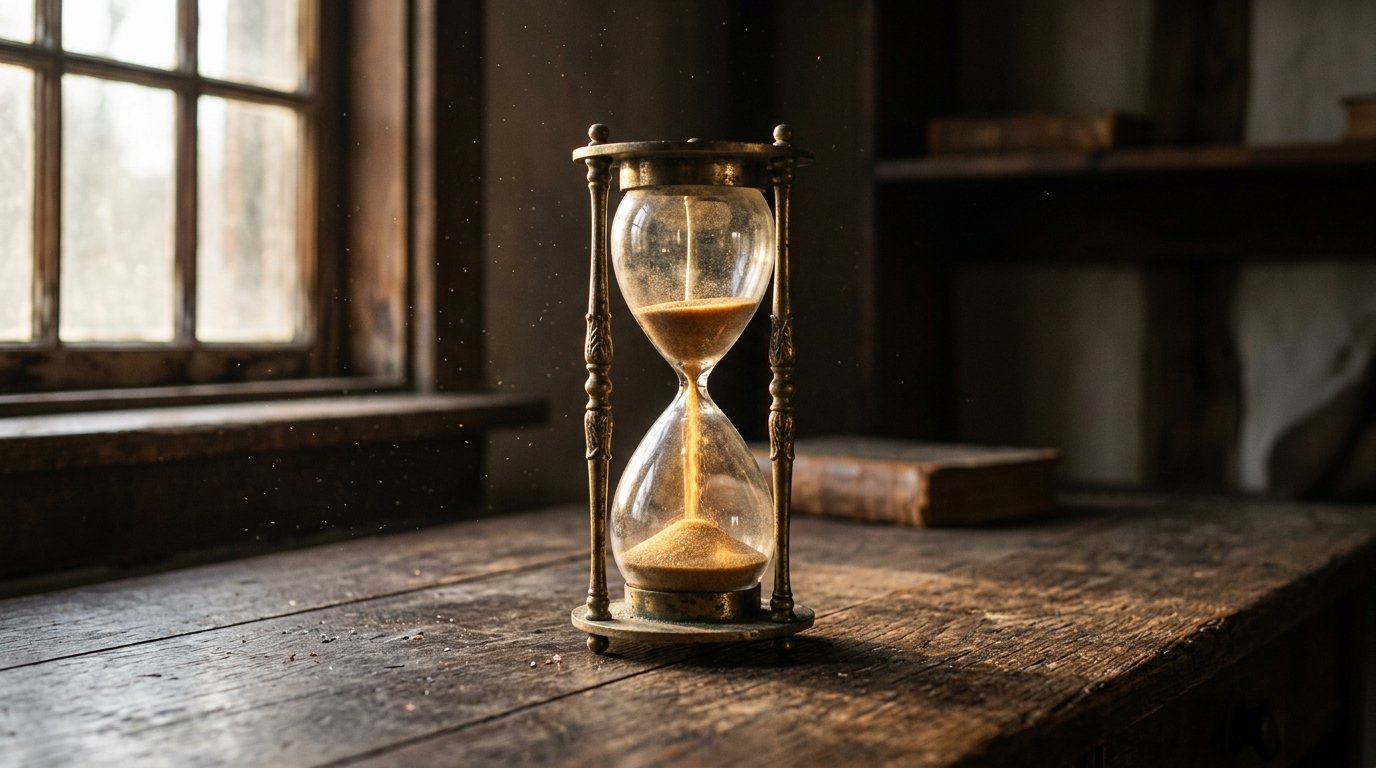 Sanduhr auf einem alten Holztisch im Gegenlicht