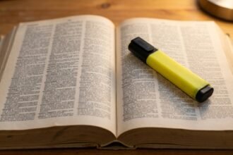 Aufgeschlagenes Wörterbuch mit einem Textmarker