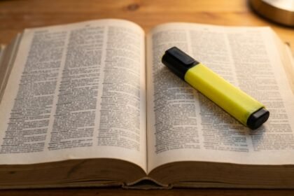 Aufgeschlagenes Wörterbuch mit einem Textmarker