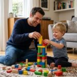 Vater und Kind sitzen zusammen auf dem Wohnzimmerboden