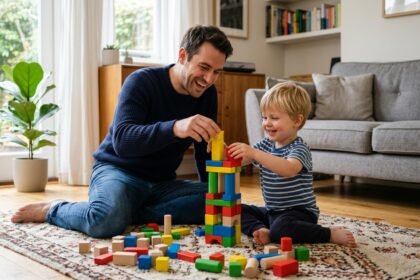 Vater und Kind sitzen zusammen auf dem Wohnzimmerboden