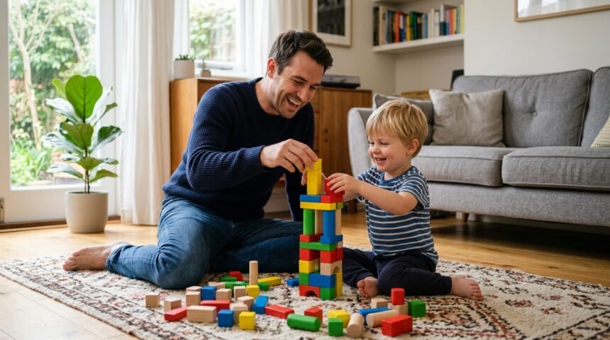 Vater und Kind sitzen zusammen auf dem Wohnzimmerboden