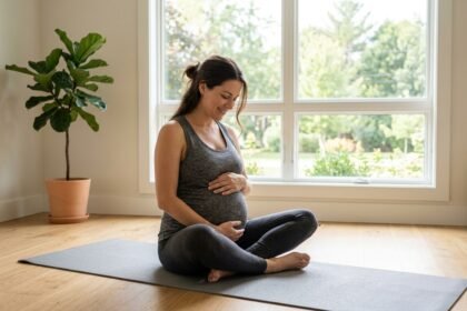 Schwangere Frau sitzt auf einer Gymnastikmatte am Fenster