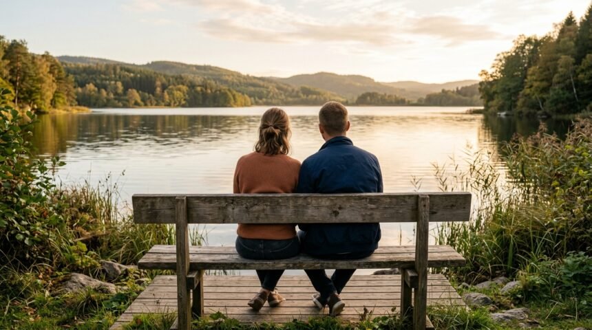 Paar sitzt nebeneinander auf einer Bank am Wasser