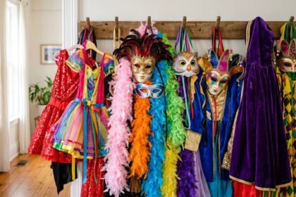 Bunte Verkleidungen und Masken hängen an einer Garderobe