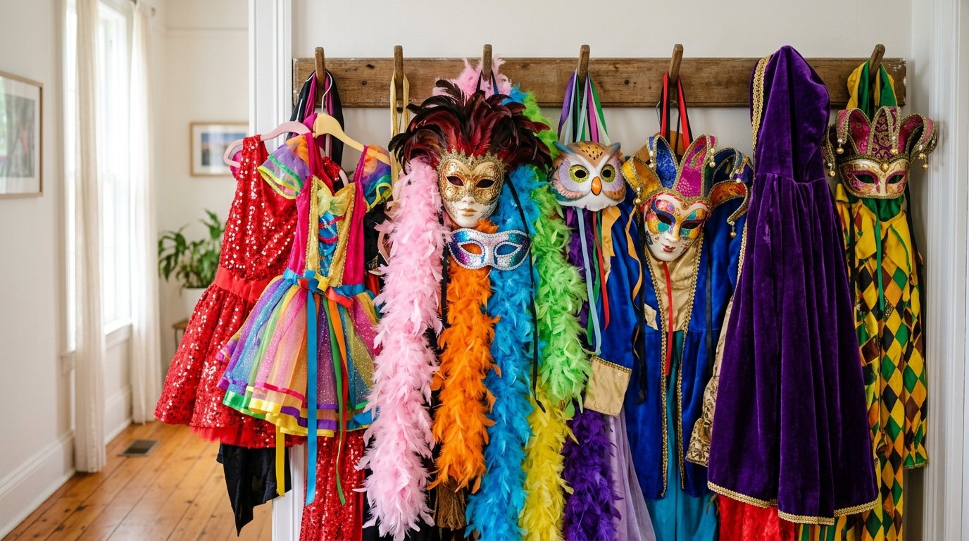 Bunte Verkleidungen und Masken hängen an einer Garderobe
