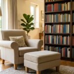 Heller Polstersessel mit Hocker vor einem Bücherregal