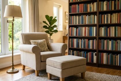 Heller Polstersessel mit Hocker vor einem Bücherregal